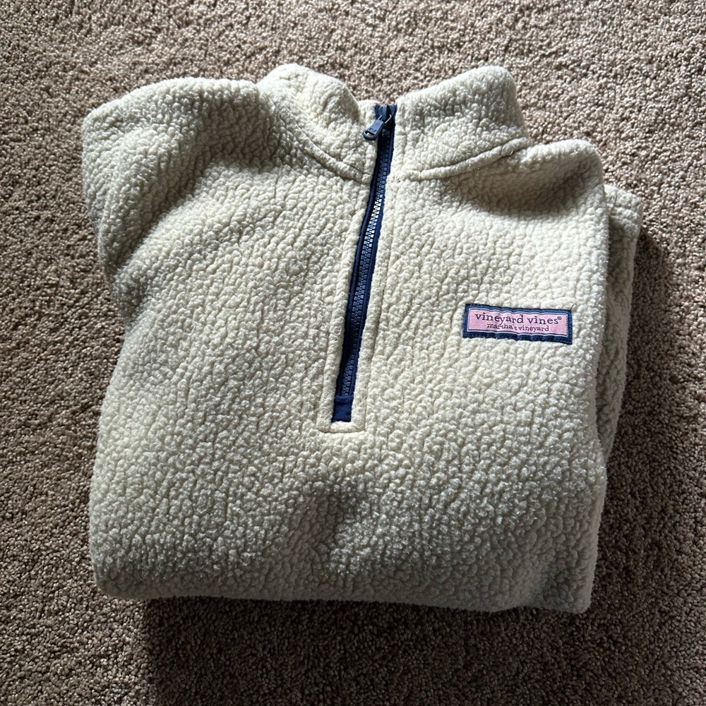 Vineyard Vines Women’s Sherpa Quarter Zip Pullover Cream/Navy Size